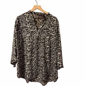 Leopard Print Split V-Neck Tunic Top - Black & Cream